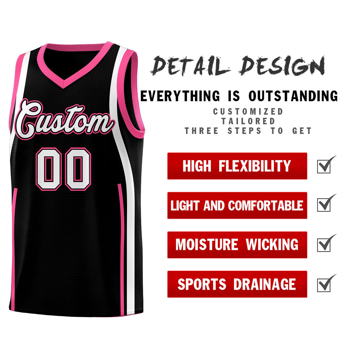 Custom Black Pink AND White Basketball Jersey