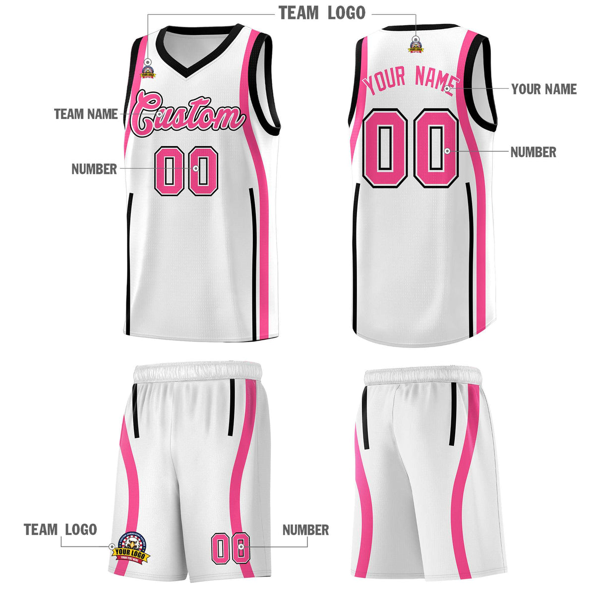 Custom White Pink AND Black Basketball Jersey