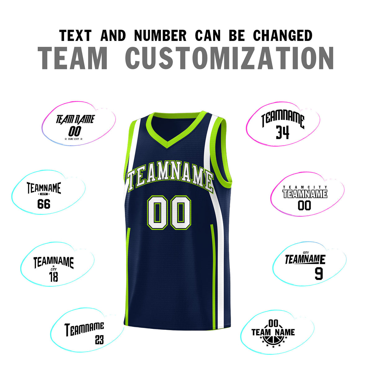 Custom Navy White-Fluorescent Green Ribbon Pattern Basketball Kits
