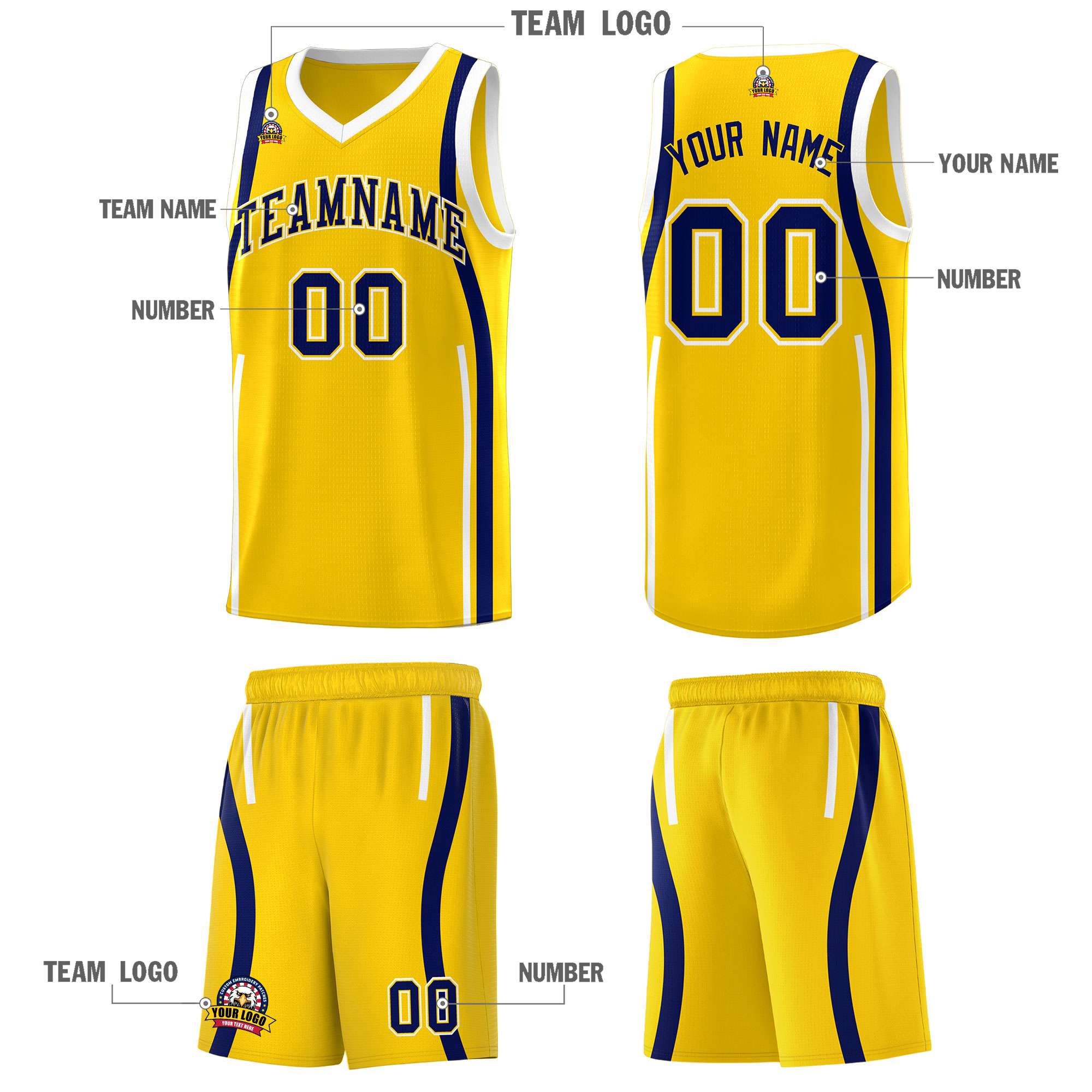 Custom Gold Navy-White Ribbon Pattern Basketball Kits