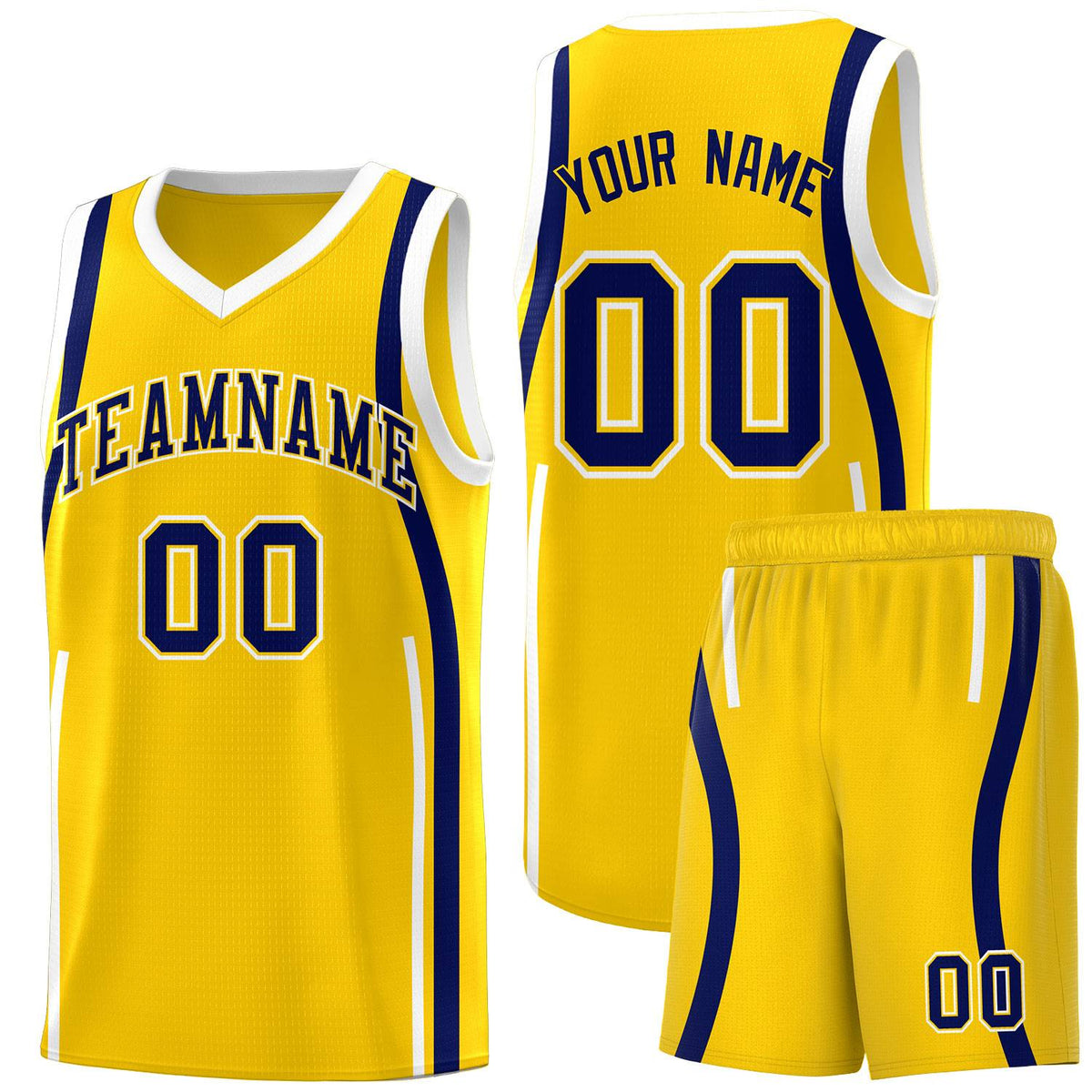 Custom Gold Navy-White Ribbon Pattern Basketball Kits