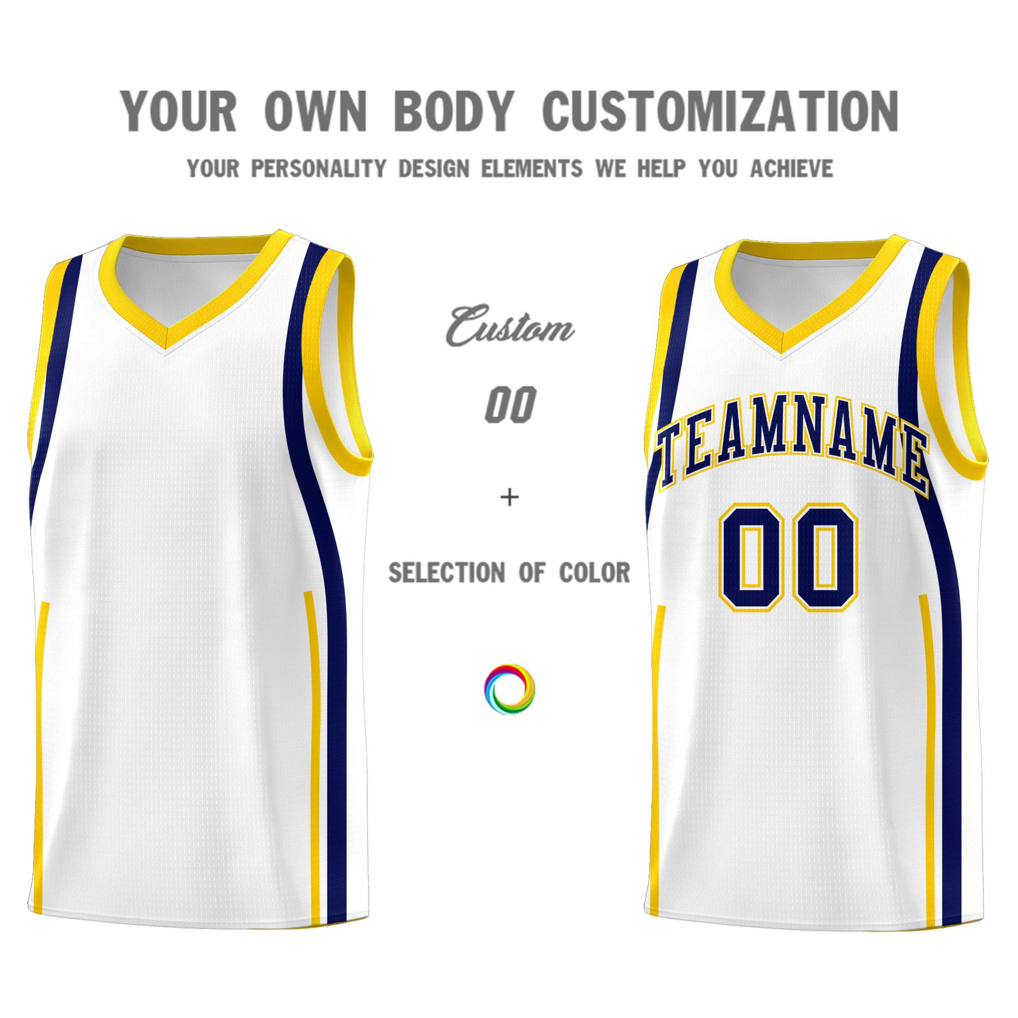 Custom White Navy-Gold Ribbon Pattern Basketball Kits