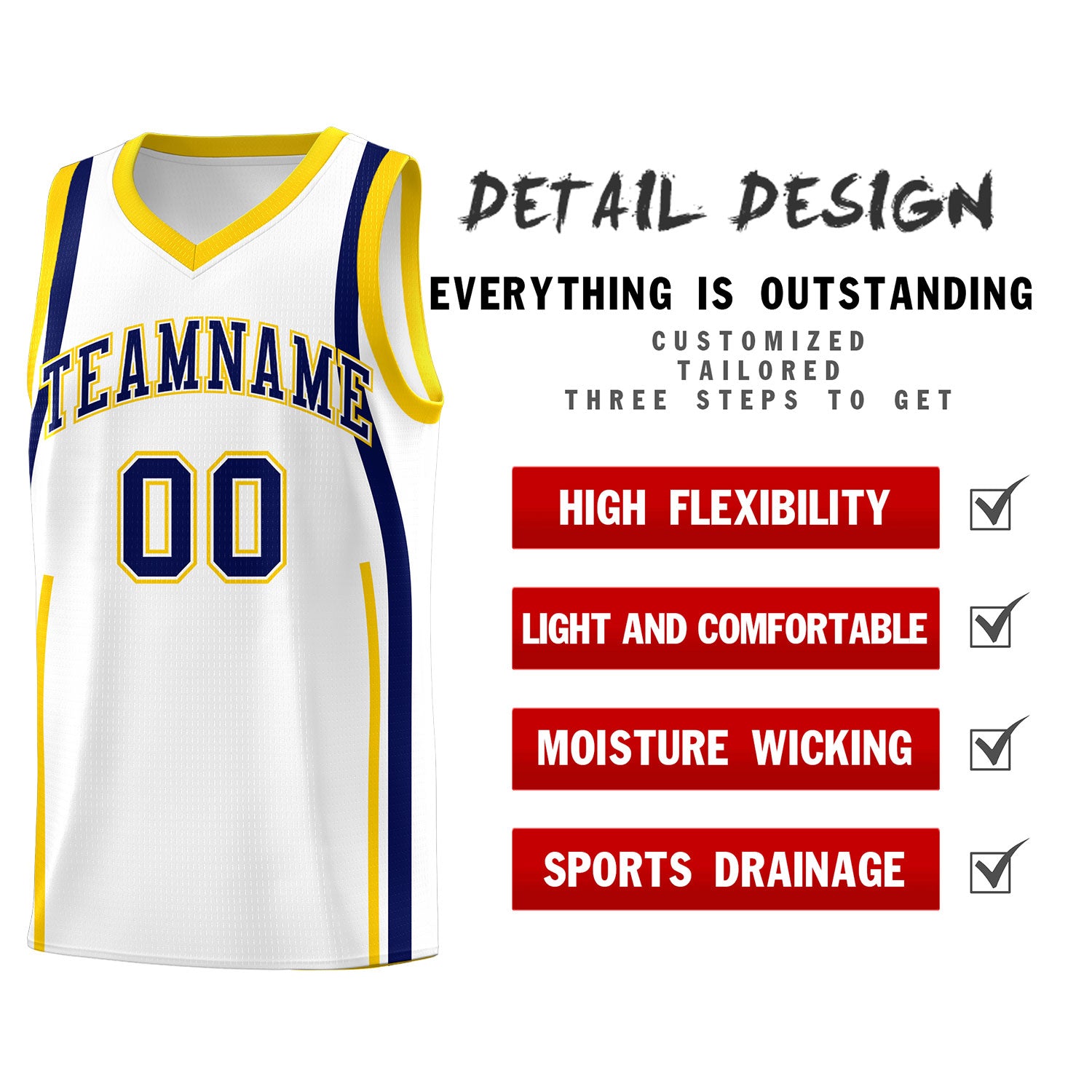 Custom White Navy-Gold Ribbon Pattern Basketball Kits