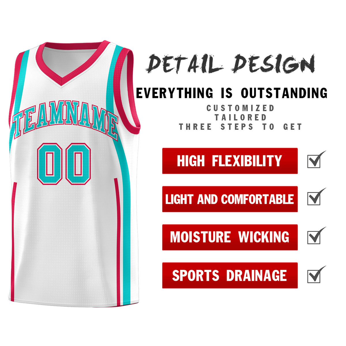 Custom White Aqua-Red Ribbon Pattern Basketball Kits