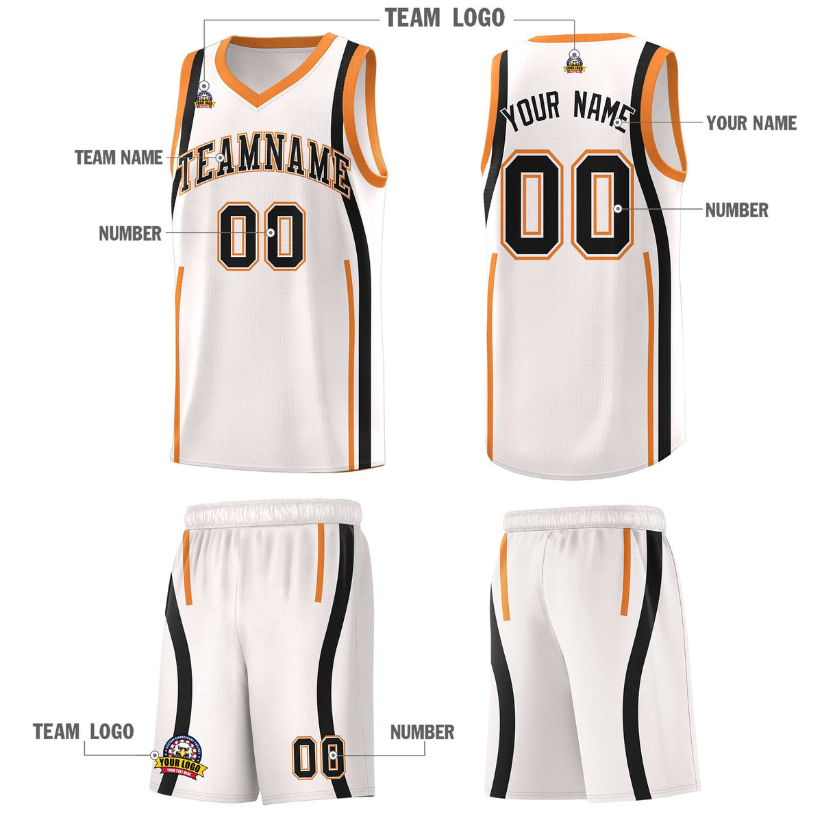 Custom White Gold Orange-Black Ribbon Pattern Basketball Kits