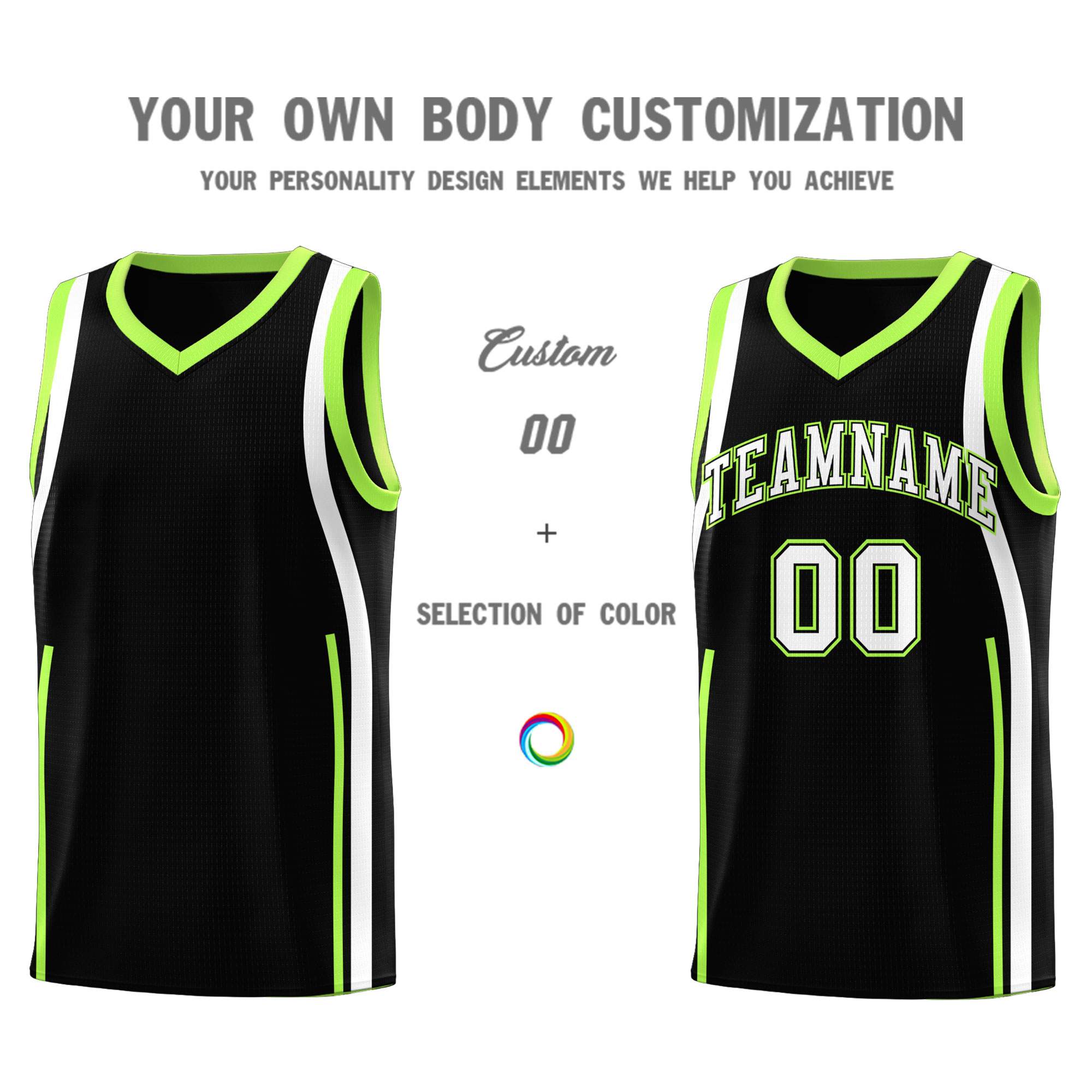 Custom Black Fluorescent Green-White Ribbon Pattern Basketball Kits