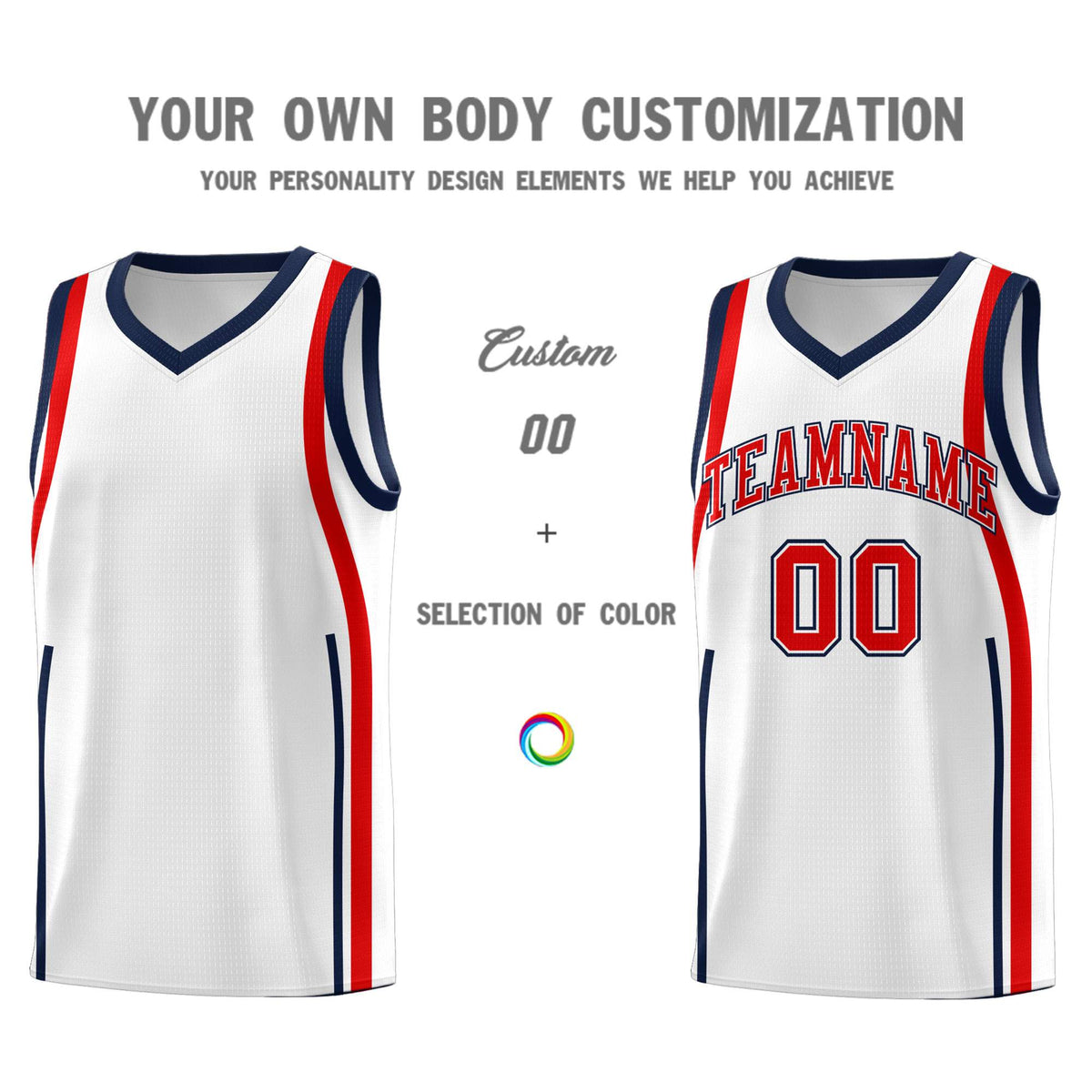 Custom White Navy-Red Ribbon Pattern Basketball Kits