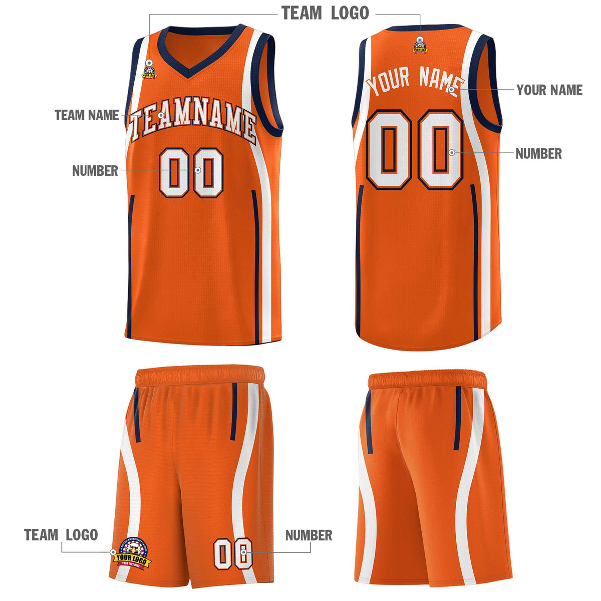 Custom Orange Navy-White Ribbon Pattern Basketball Kits