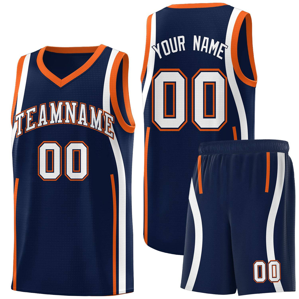 Custom Navy Orange-White Ribbon Pattern Basketball Kits