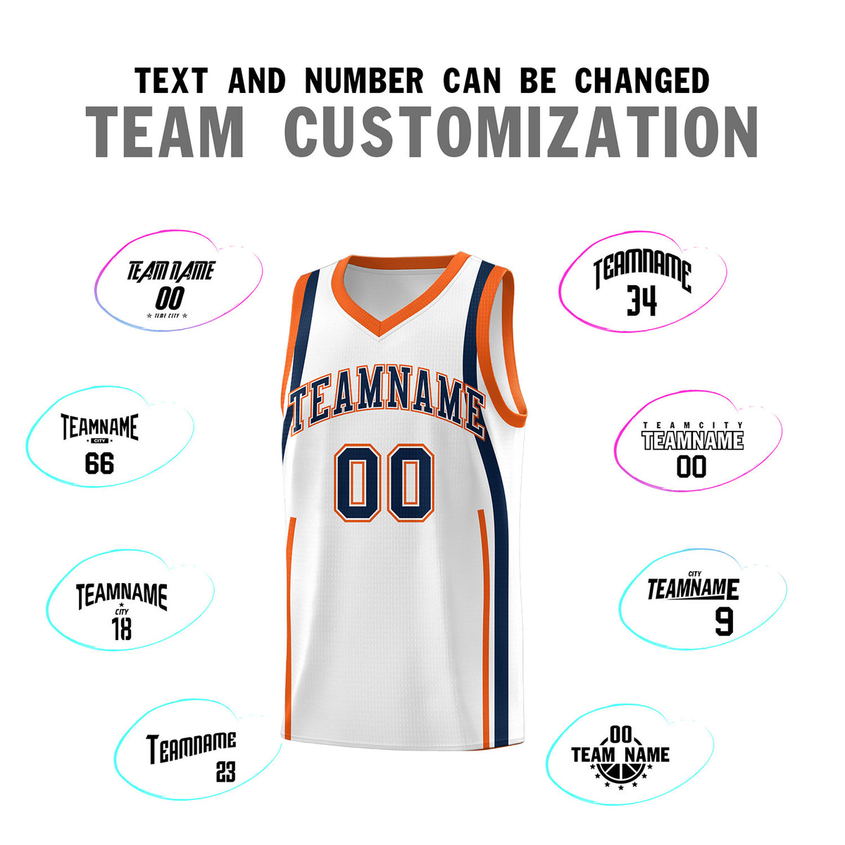 Custom White Navy-Orange Ribbon Pattern Basketball Kits