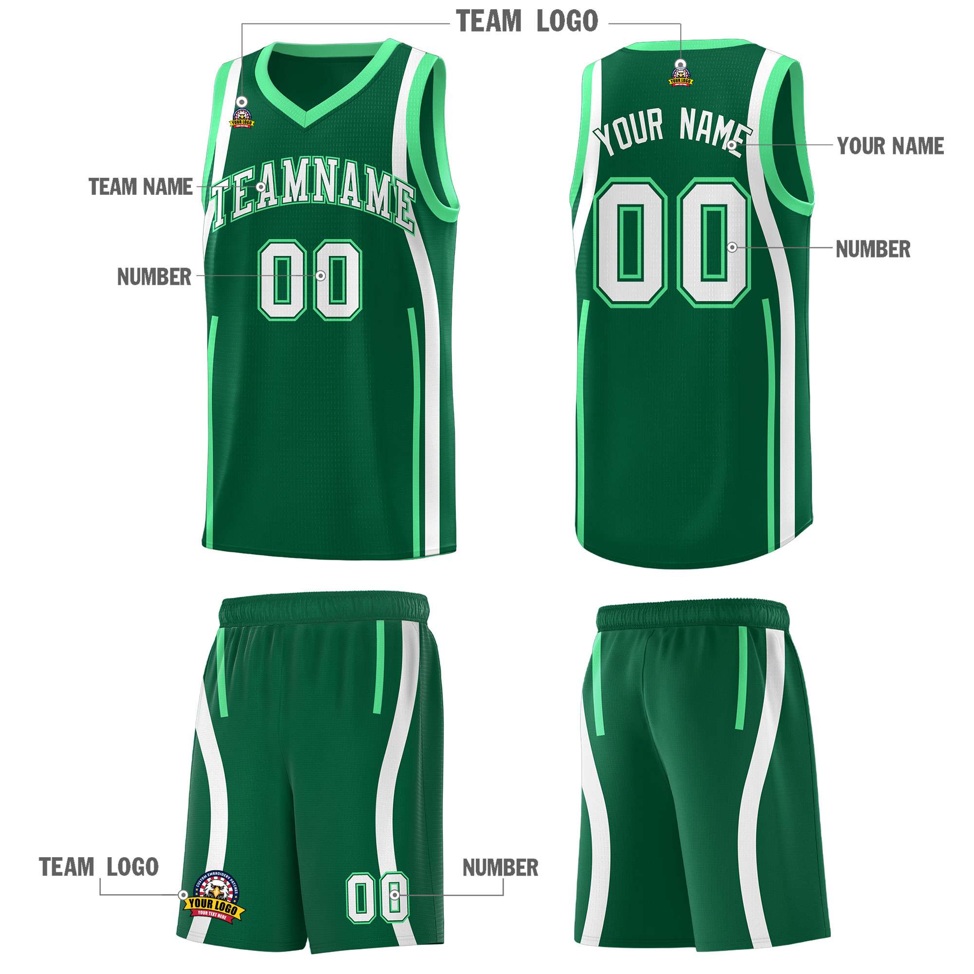 Custom Kelly Green Green-White Ribbon Pattern Basketball Kits