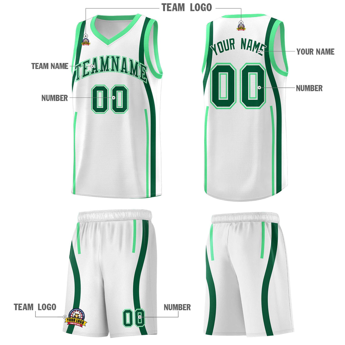 Custom White Kelly Green-Green Ribbon Pattern Basketball Kits