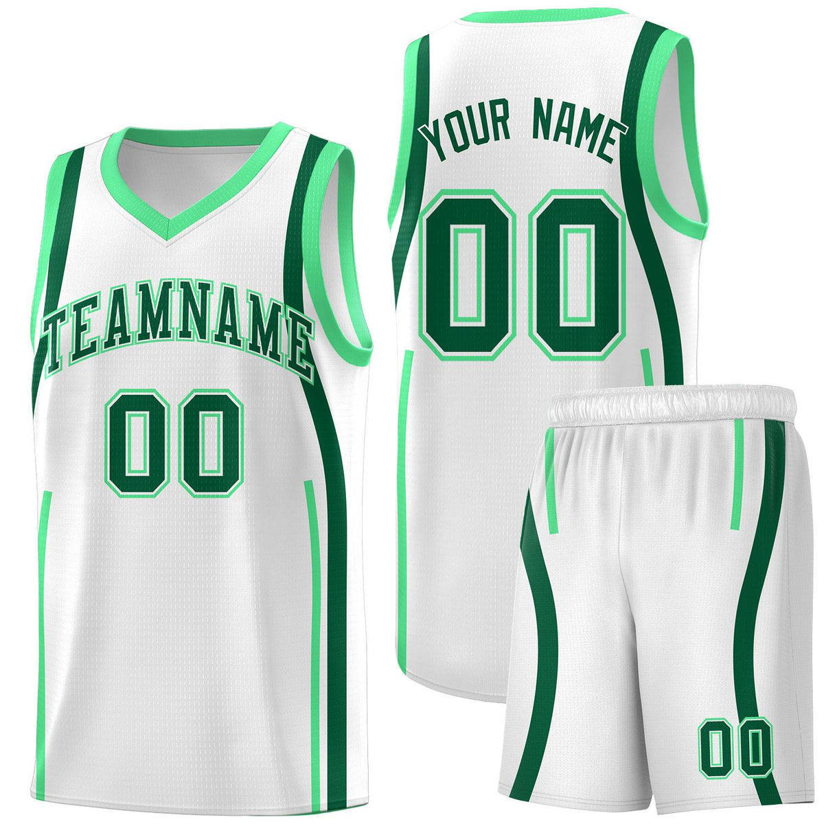Custom White Kelly Green-Green Ribbon Pattern Basketball Kits
