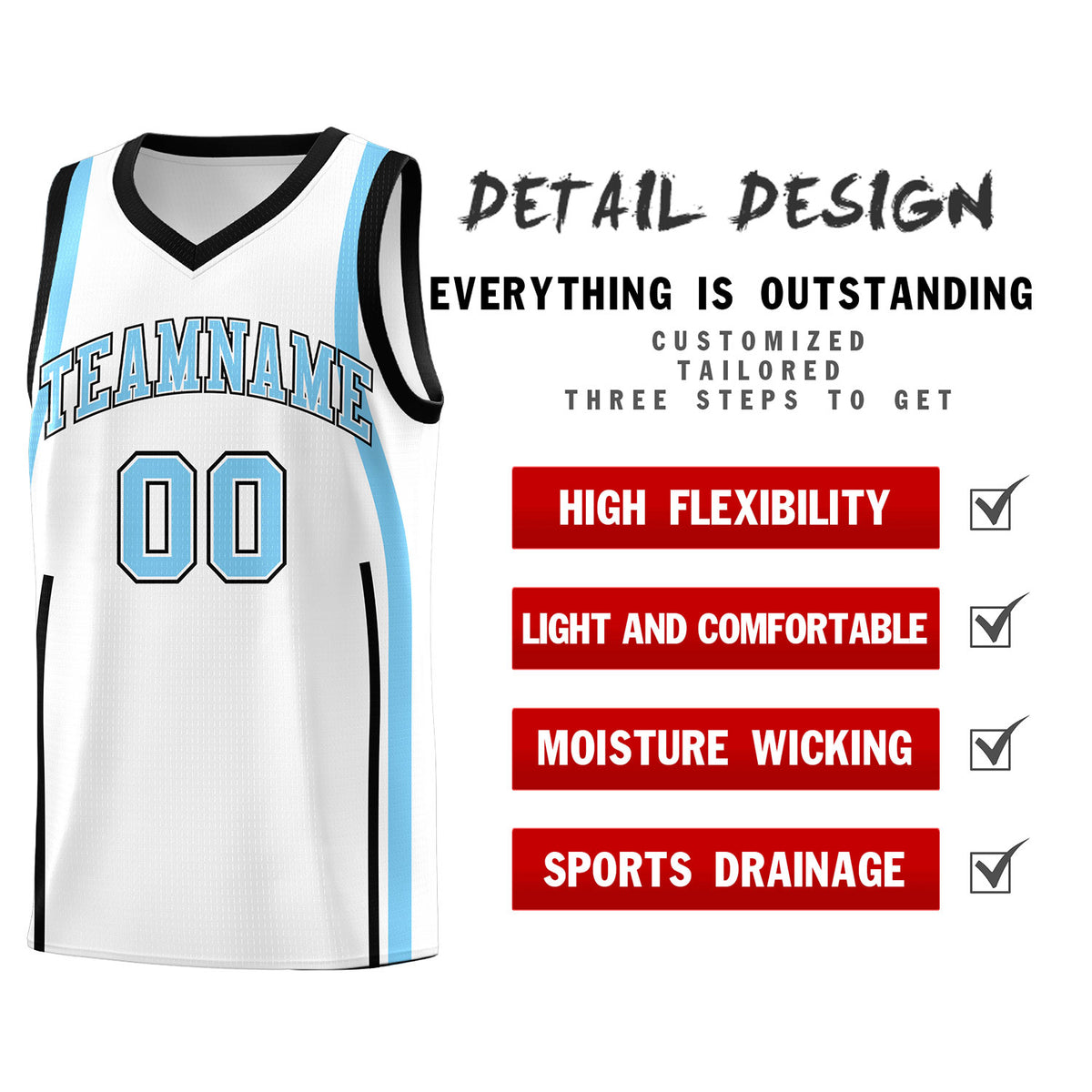 Custom White Light Blue-Black Ribbon Pattern Basketball Kits