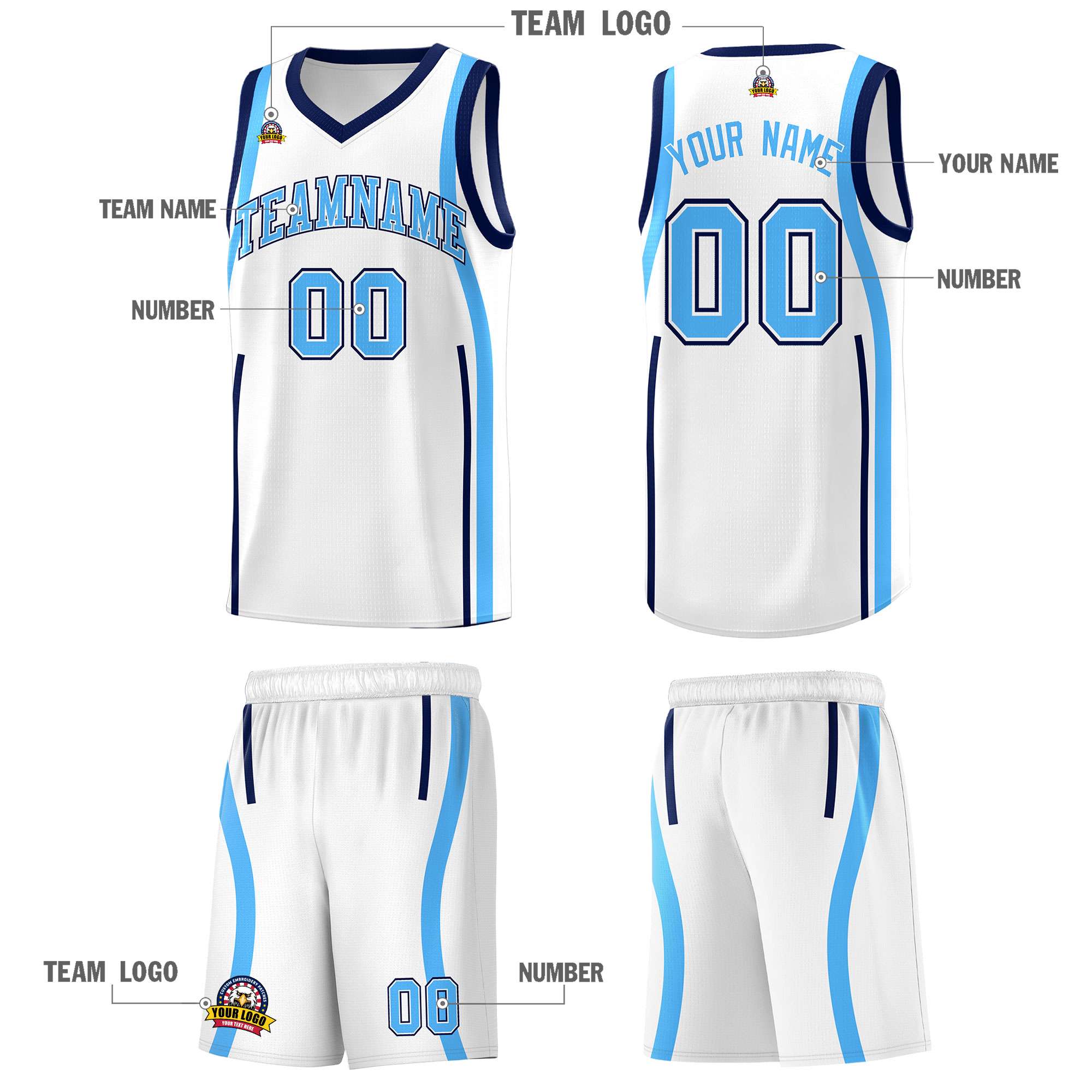 Custom White Powder Blue-Navy Ribbon Pattern Basketball Kits