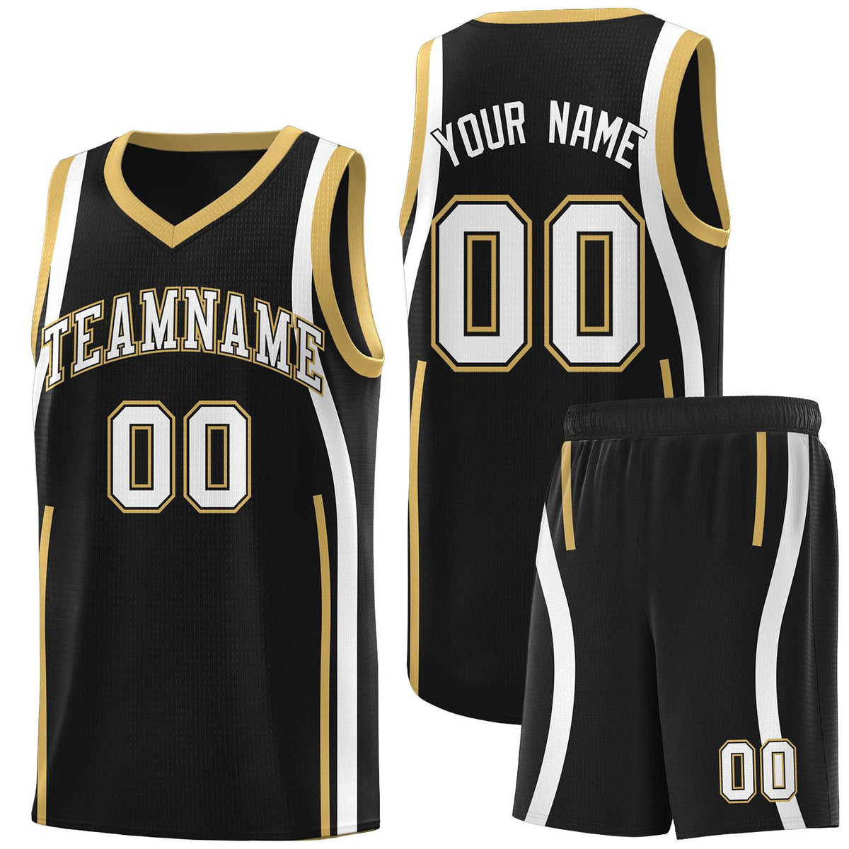 Custom Black Old Gold-White Ribbon Pattern Basketball Kits