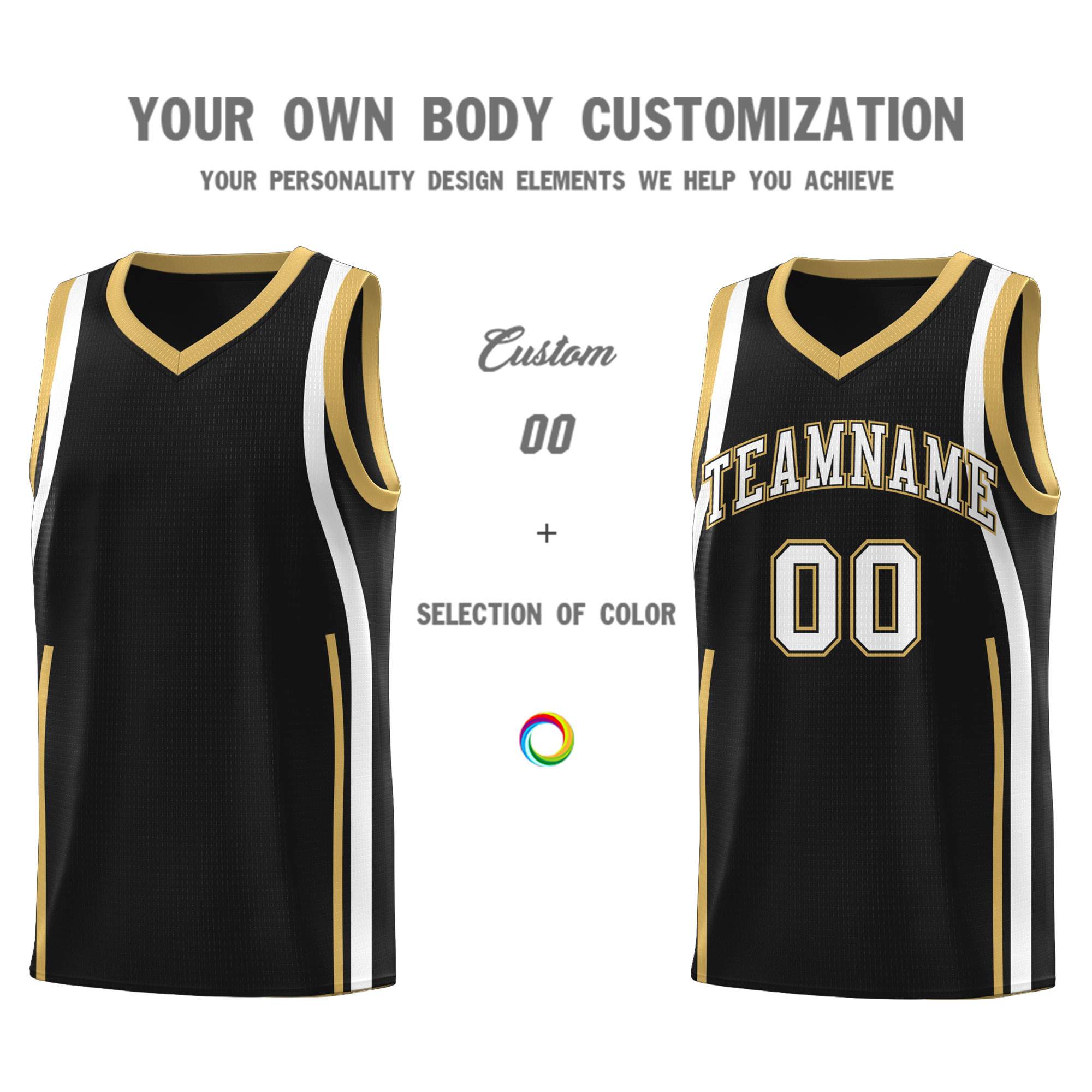 Custom Black Old Gold-White Ribbon Pattern Basketball Kits