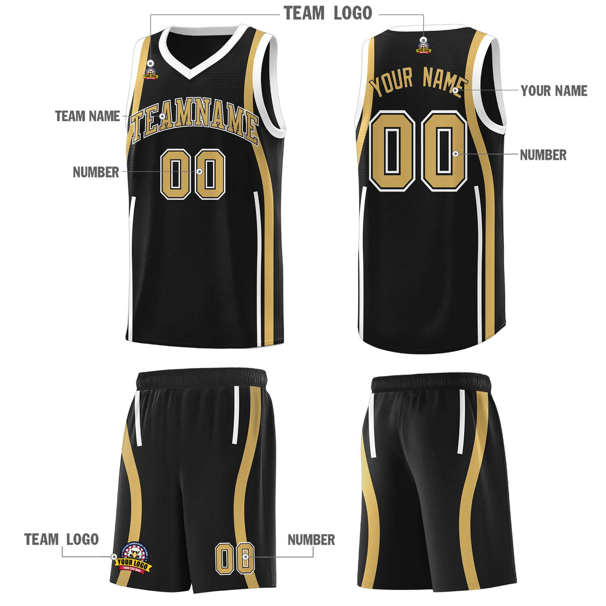 Custom Black Old Gold-White Ribbon Pattern Basketball Kits
