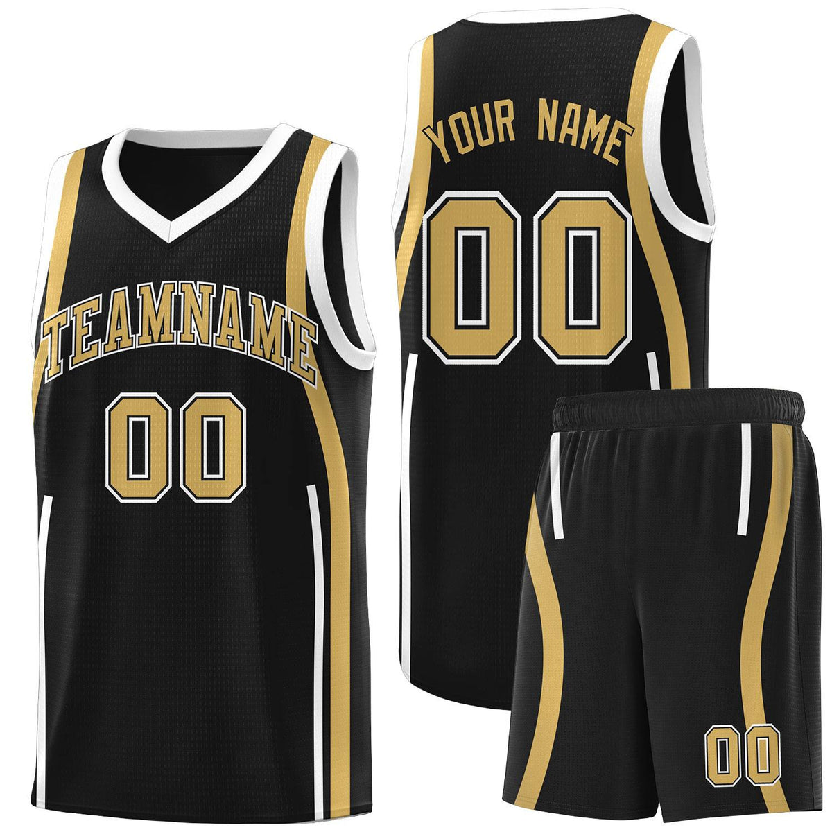 Custom Black Old Gold-White Ribbon Pattern Basketball Kits