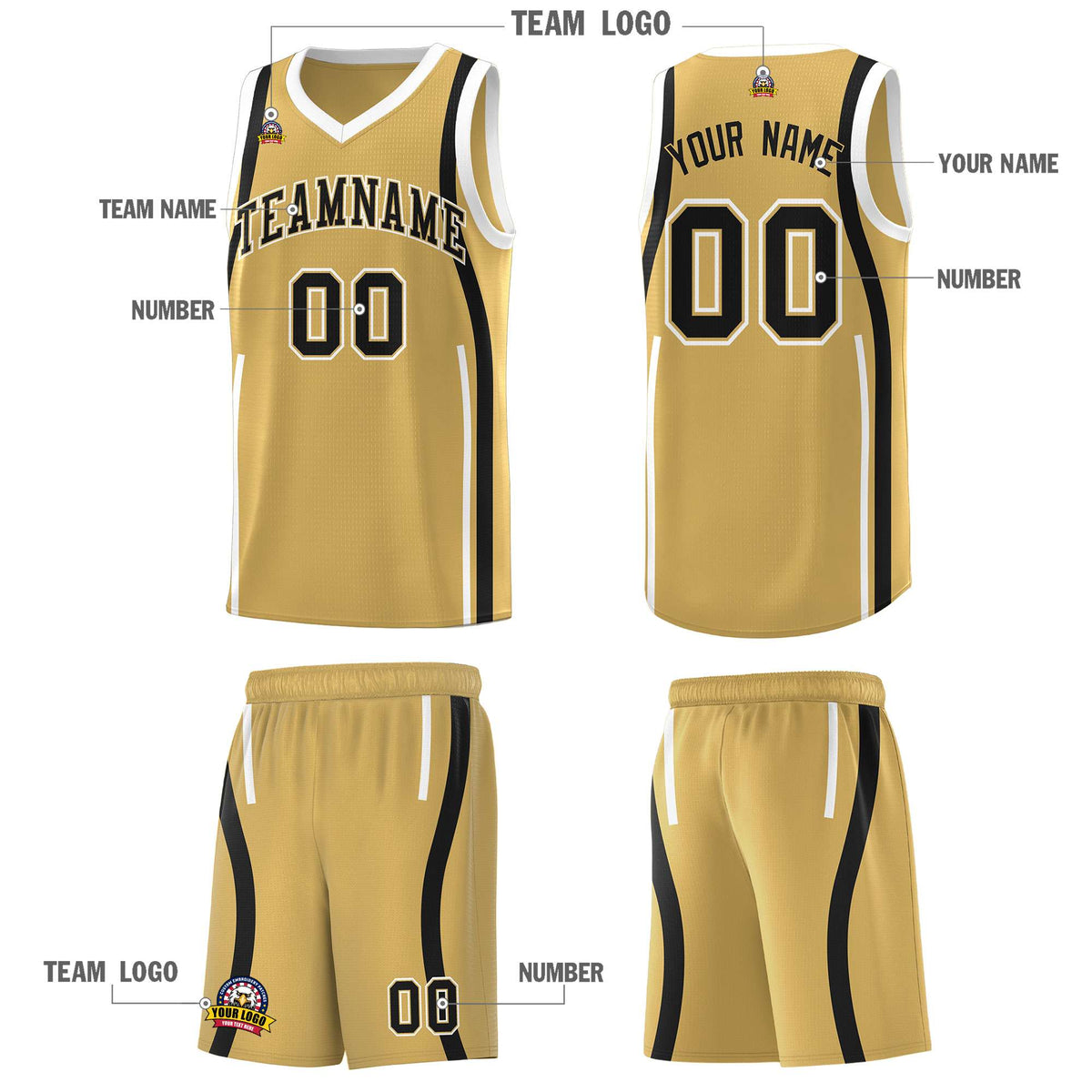 Custom Old Gold Black-White Ribbon Pattern Basketball Kits