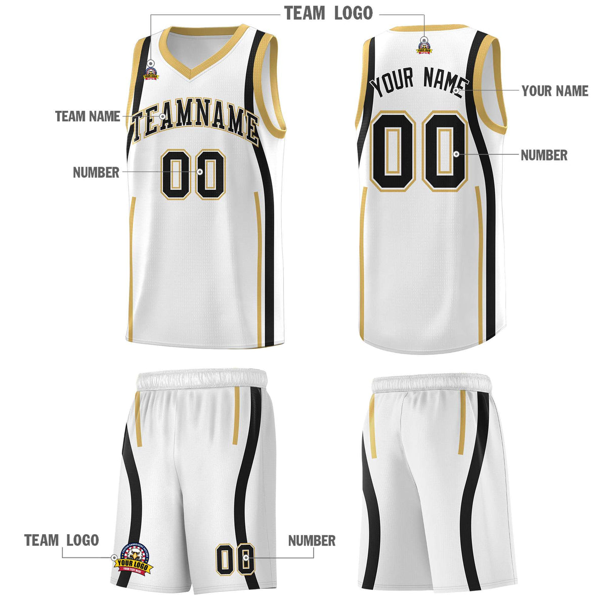 Custom White Black-White Ribbon Pattern Basketball Kits