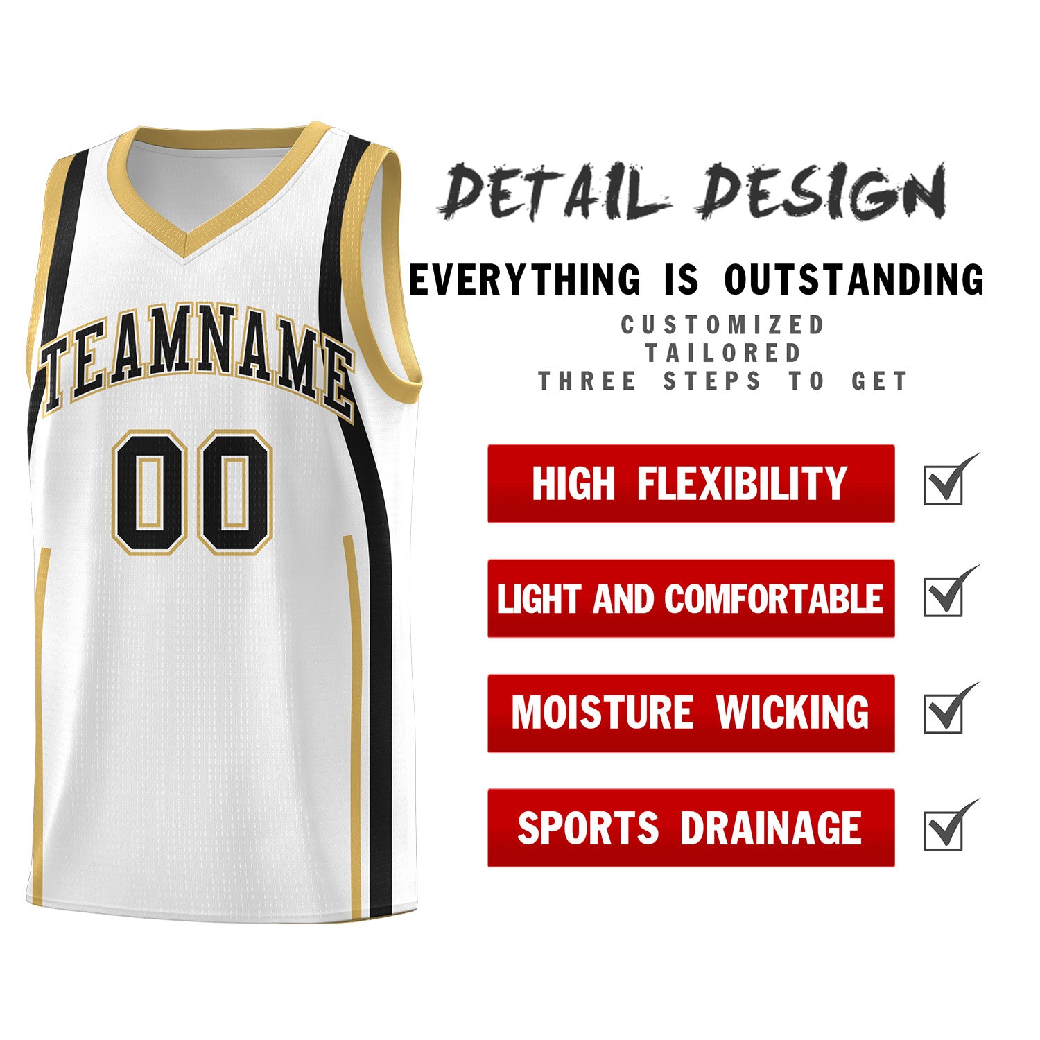 Custom White Black-White Ribbon Pattern Basketball Kits