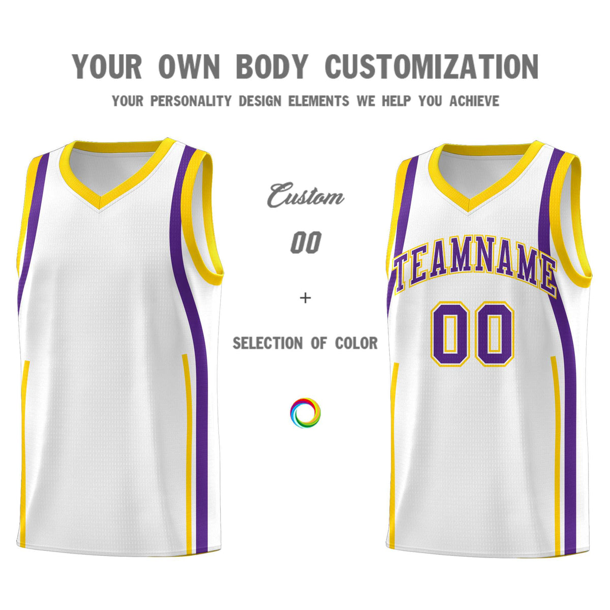 Custom White Gold-Purple Ribbon Pattern Basketball Kits