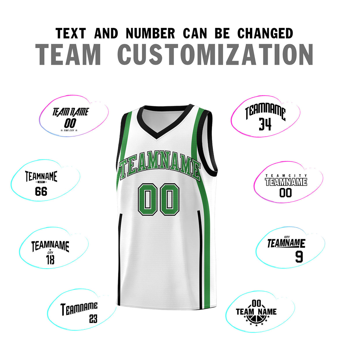 Custom White Kelly Green-White Ribbon Pattern Basketball Kits