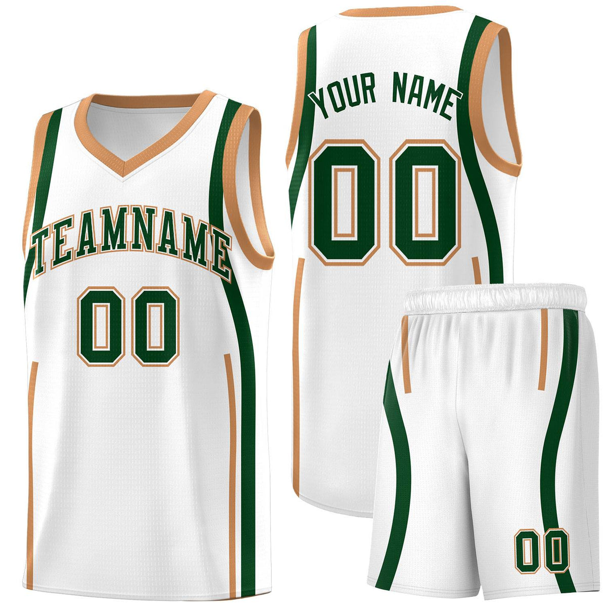 Custom White Green-Buckskin Brown Ribbon Pattern Basketball Kits