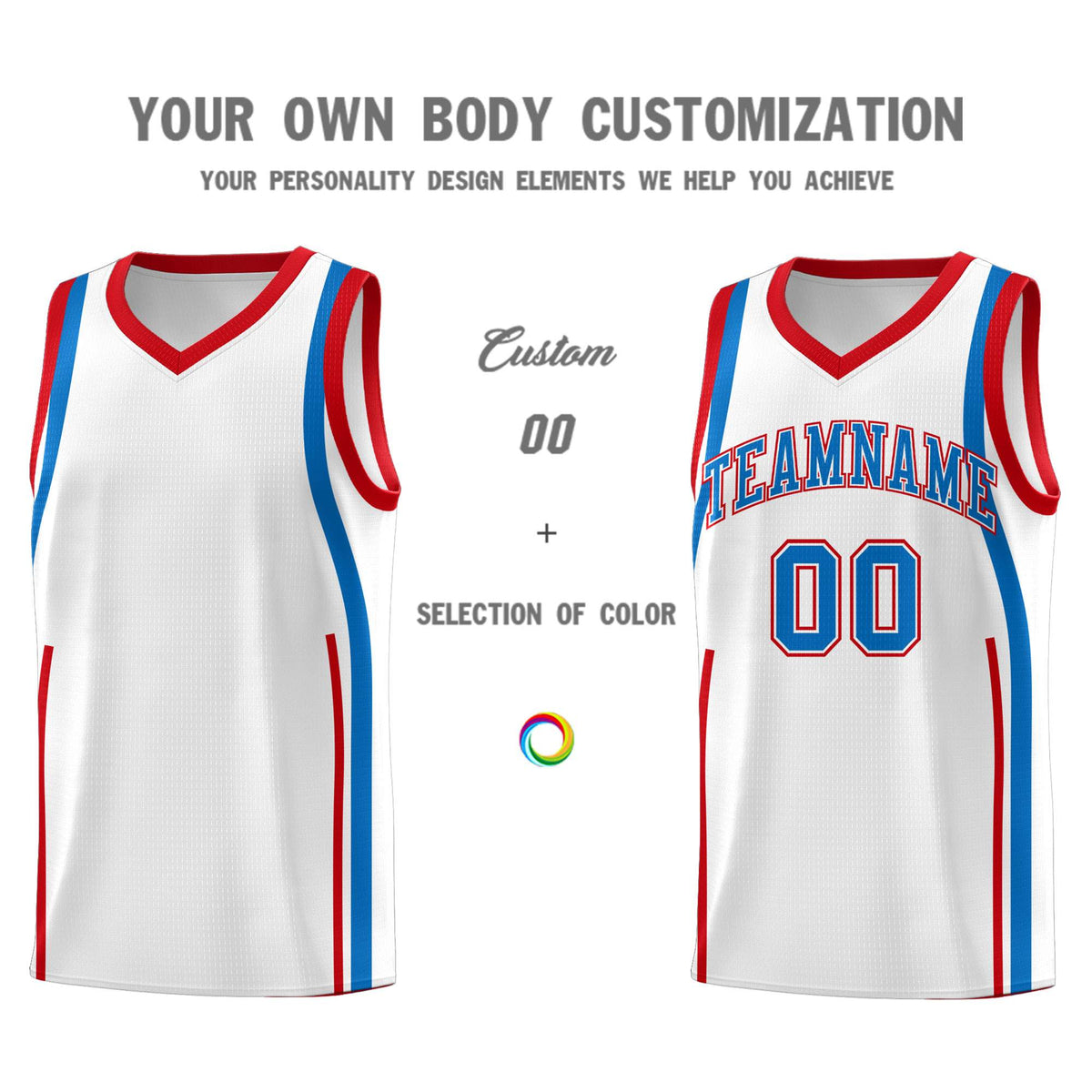 Custom White Royal-Red Ribbon Pattern Basketball Kits