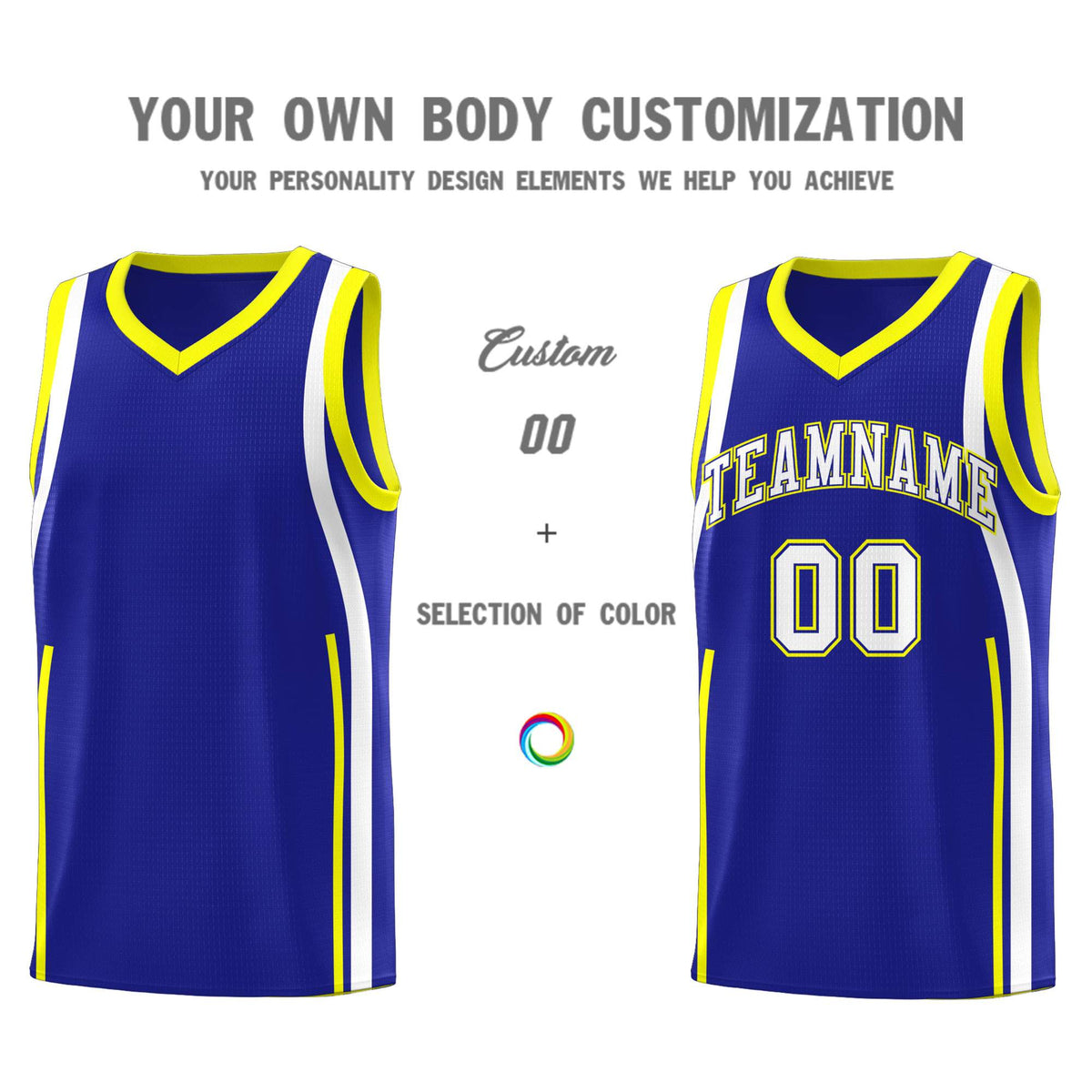 Custom Royal Fluorescent Yellow-White Ribbon Pattern Basketball Kits