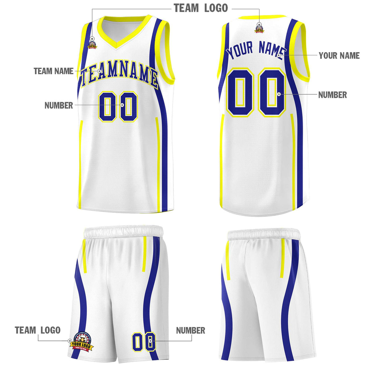 Custom White Royal-Fluorescent Yellow Ribbon Pattern Basketball Kits
