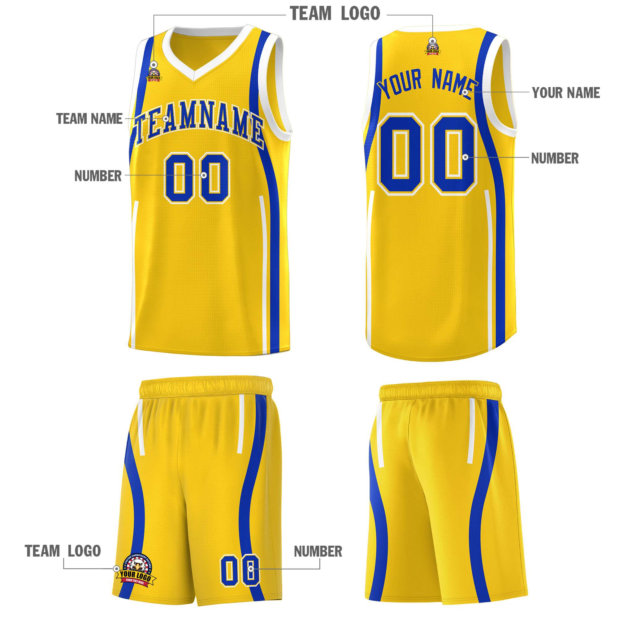 Custom Gold Royal-White Ribbon Pattern Basketball Kits