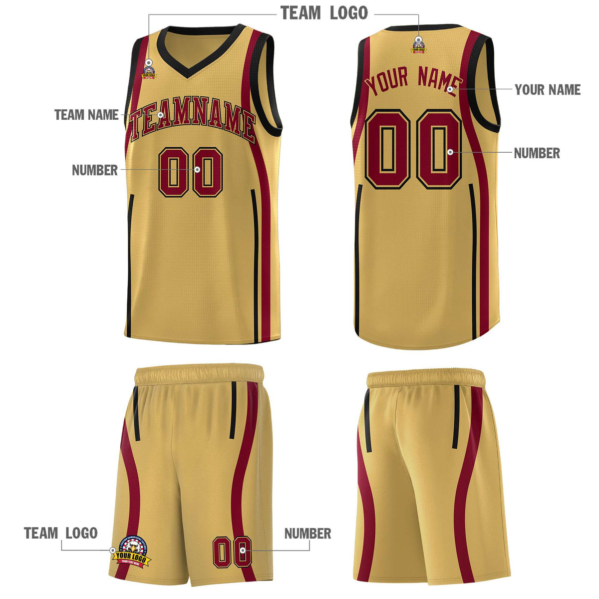 Custom Old Gold Crimson-Black Ribbon Pattern Basketball Kits