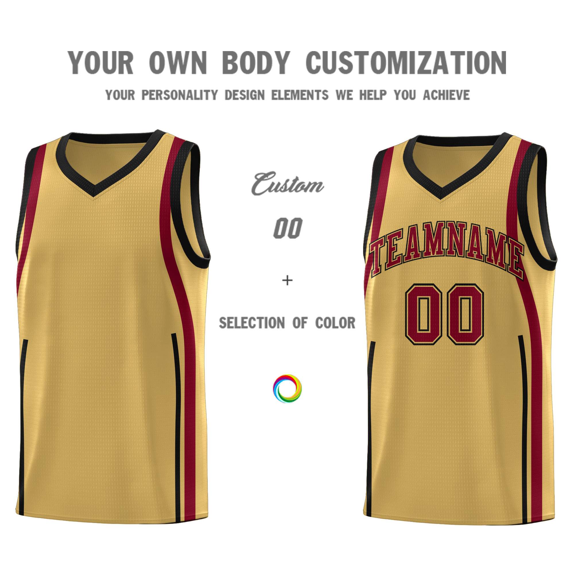 Custom Old Gold Crimson-Black Ribbon Pattern Basketball Kits