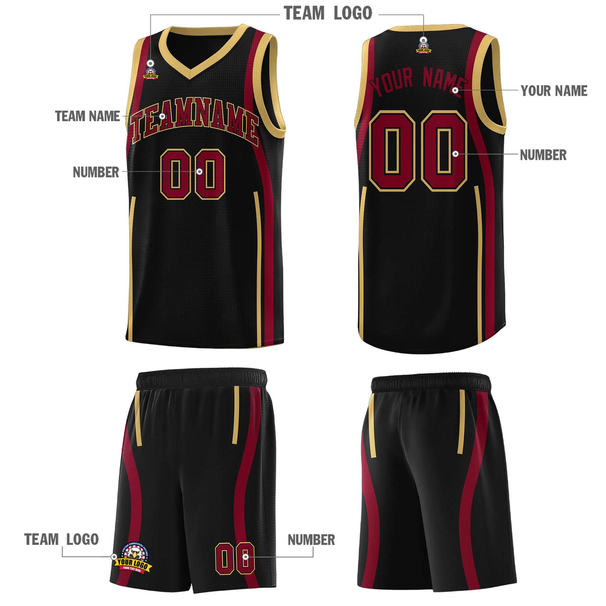 Custom Black Crimson-Old Gold Ribbon Pattern Basketball Kits