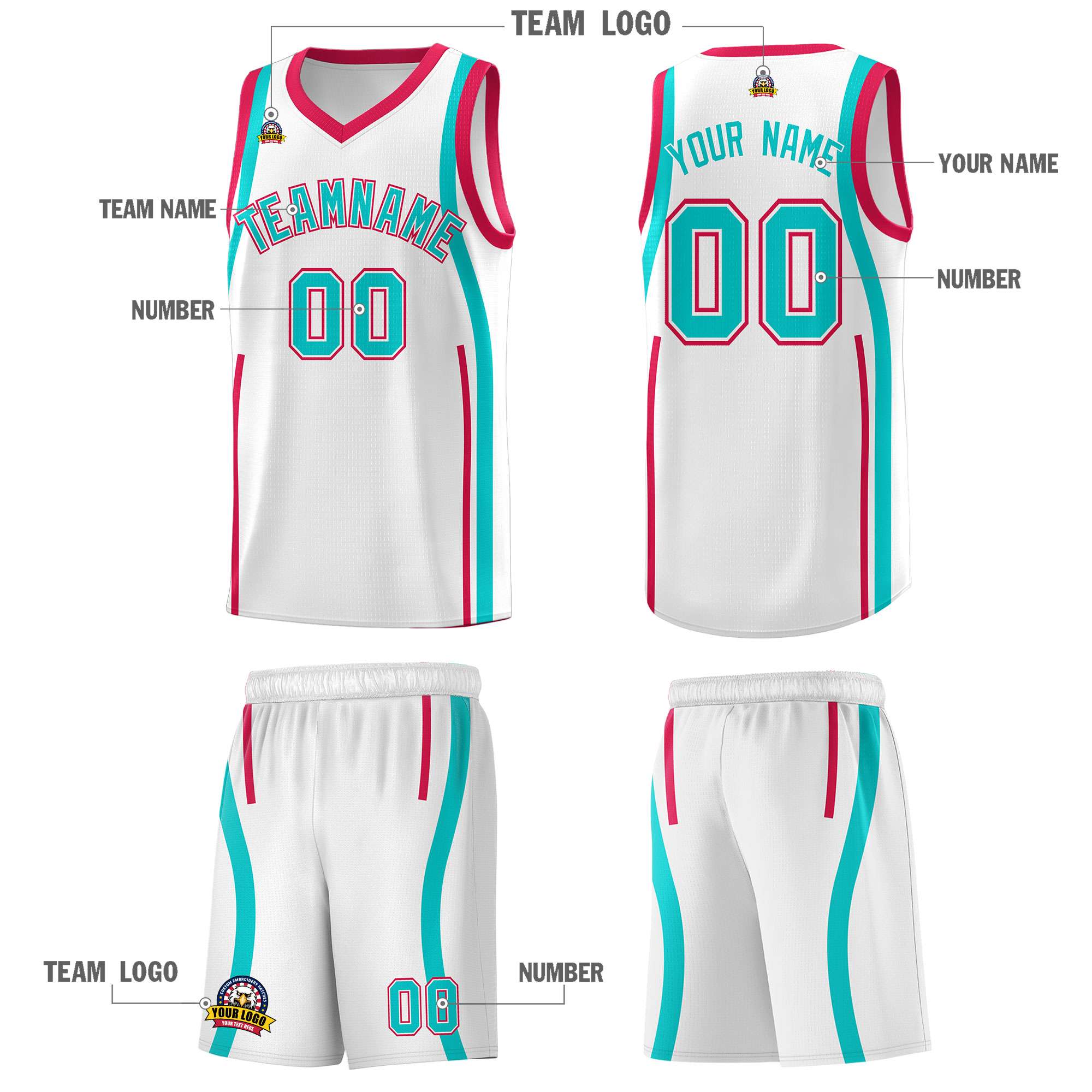 Custom White Aqua-Red Ribbon Pattern Basketball Kits