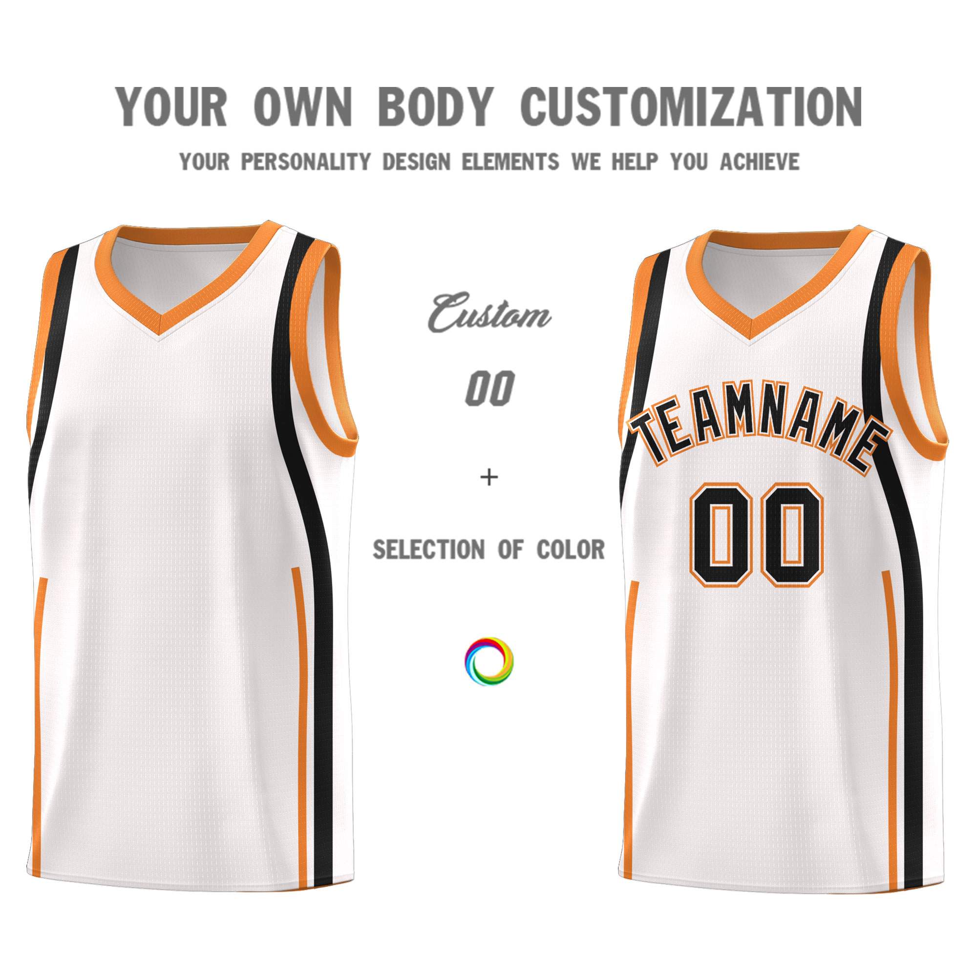 Custom White Gold Orange-Black Ribbon Pattern Basketball Kits