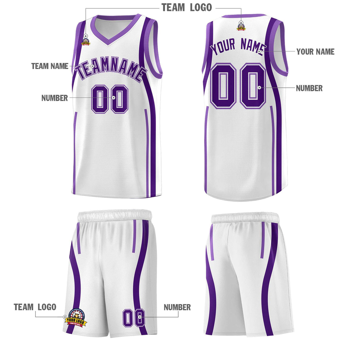 Custom White Purple-Light Purple Ribbon Pattern Basketball Kits