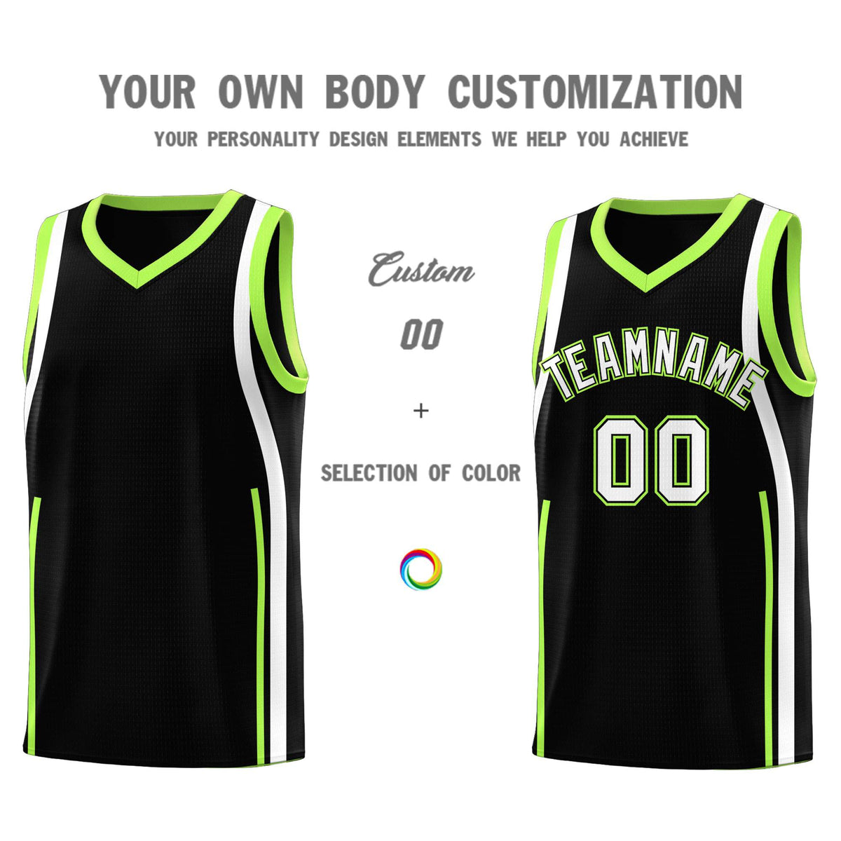 Custom Black Fluorescent Green-White Ribbon Pattern Basketball Kits