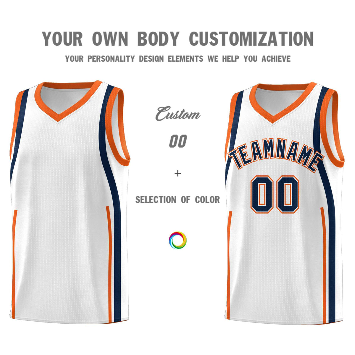Custom White Navy-Orange Ribbon Pattern Basketball Kits