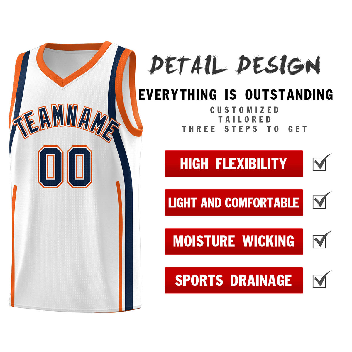 Custom White Navy-Orange Ribbon Pattern Basketball Kits