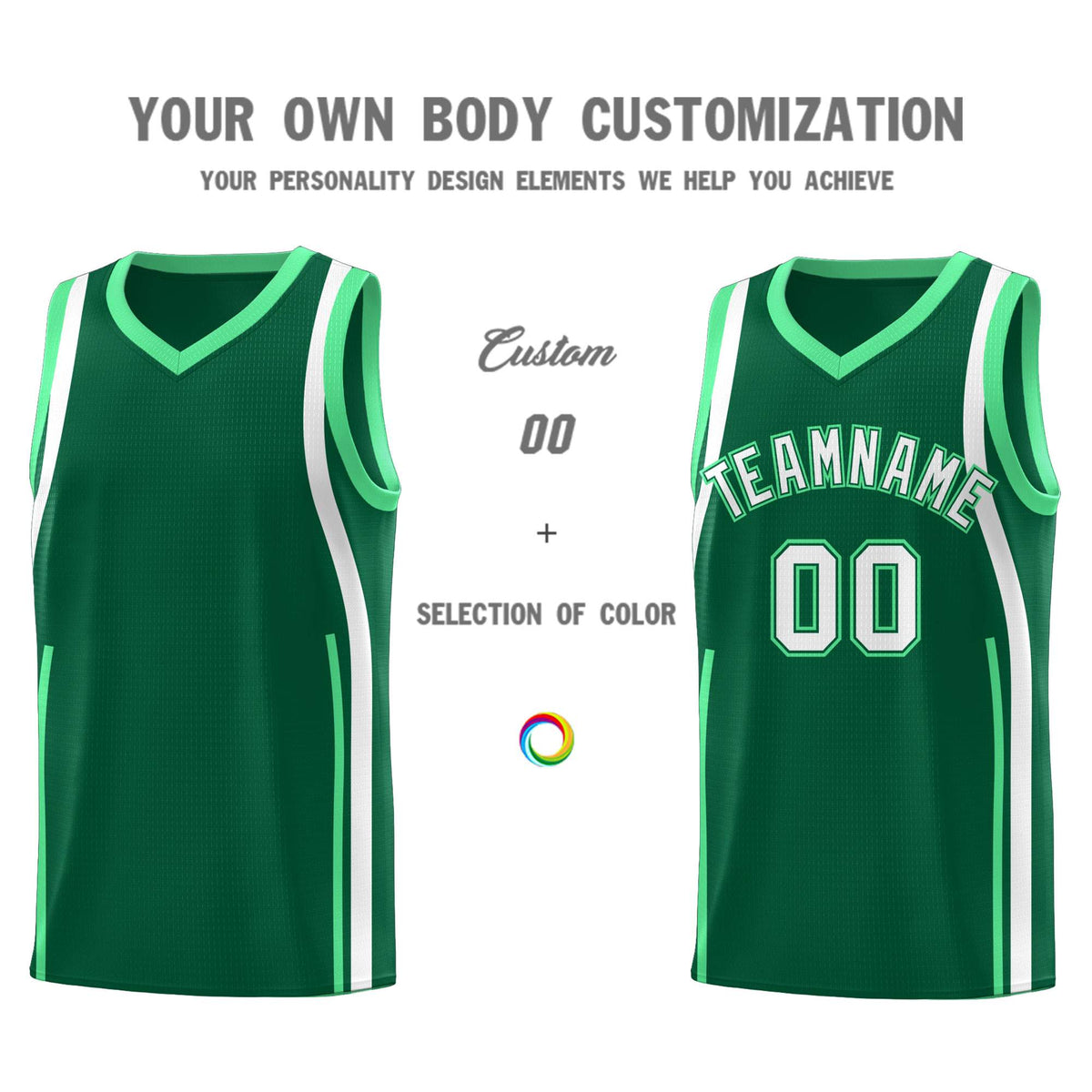 Custom Kelly Green Green-White Ribbon Pattern Basketball Kits