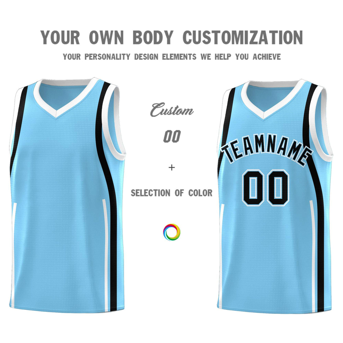 Custom Light Blue Black-White Ribbon Pattern Basketball Kits