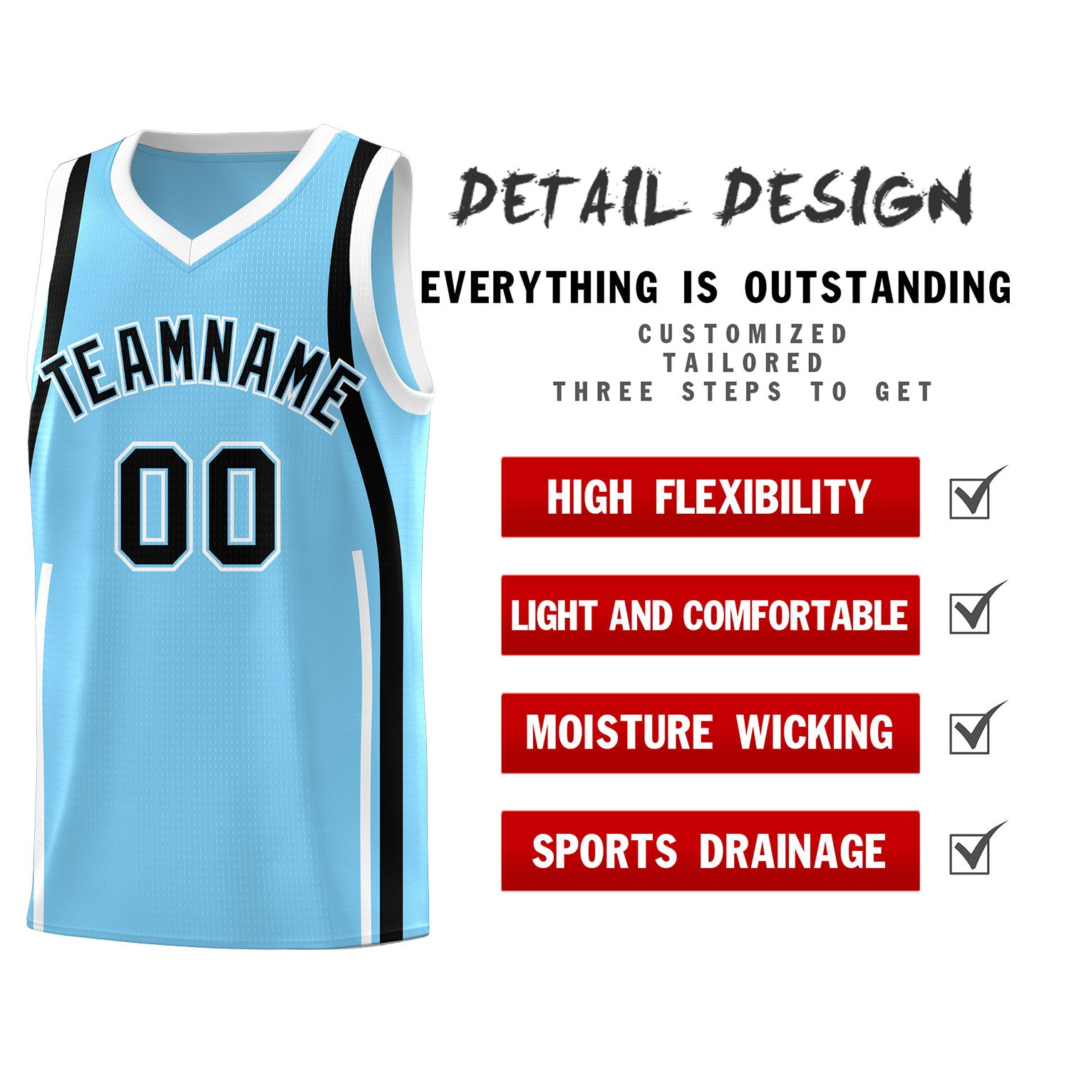 Custom Light Blue Black-White Ribbon Pattern Basketball Kits