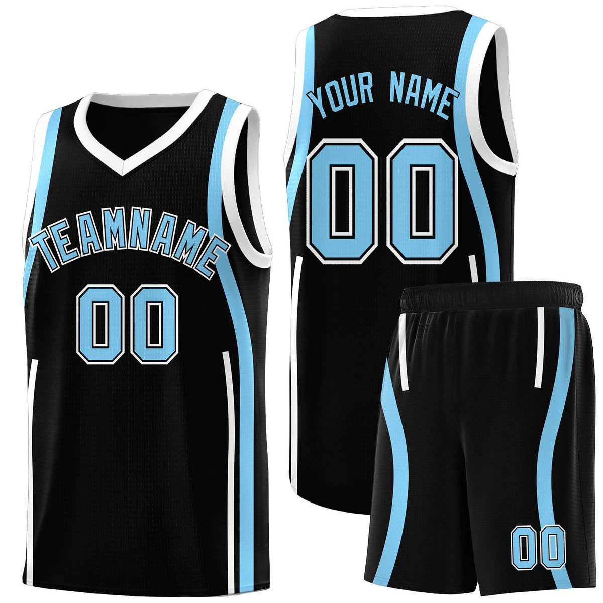 Custom Black Light Blue-White Ribbon Pattern Basketball Kits