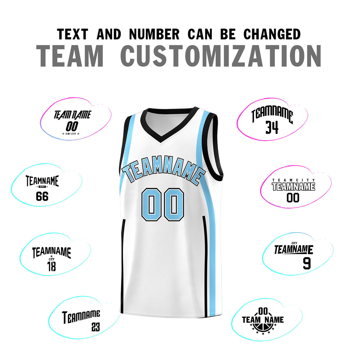 Custom White Light Blue-Black Ribbon Pattern Basketball Kits