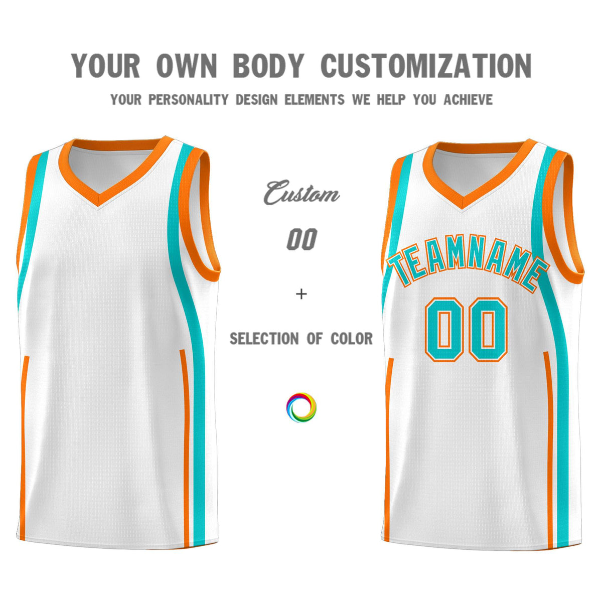 Custom White Aqua-Orange Ribbon Pattern Basketball Kits