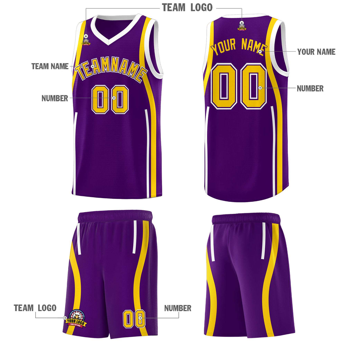Custom Purple White-Gold Ribbon Pattern Basketball Kits
