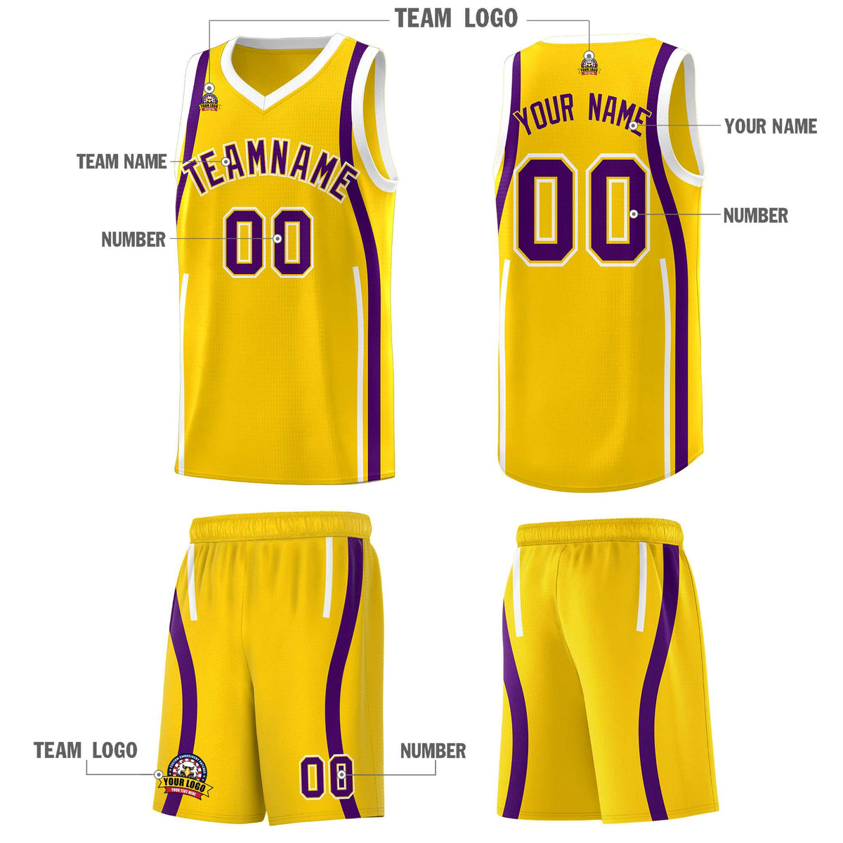 Custom Gold Purple-White Ribbon Pattern Basketball Kits